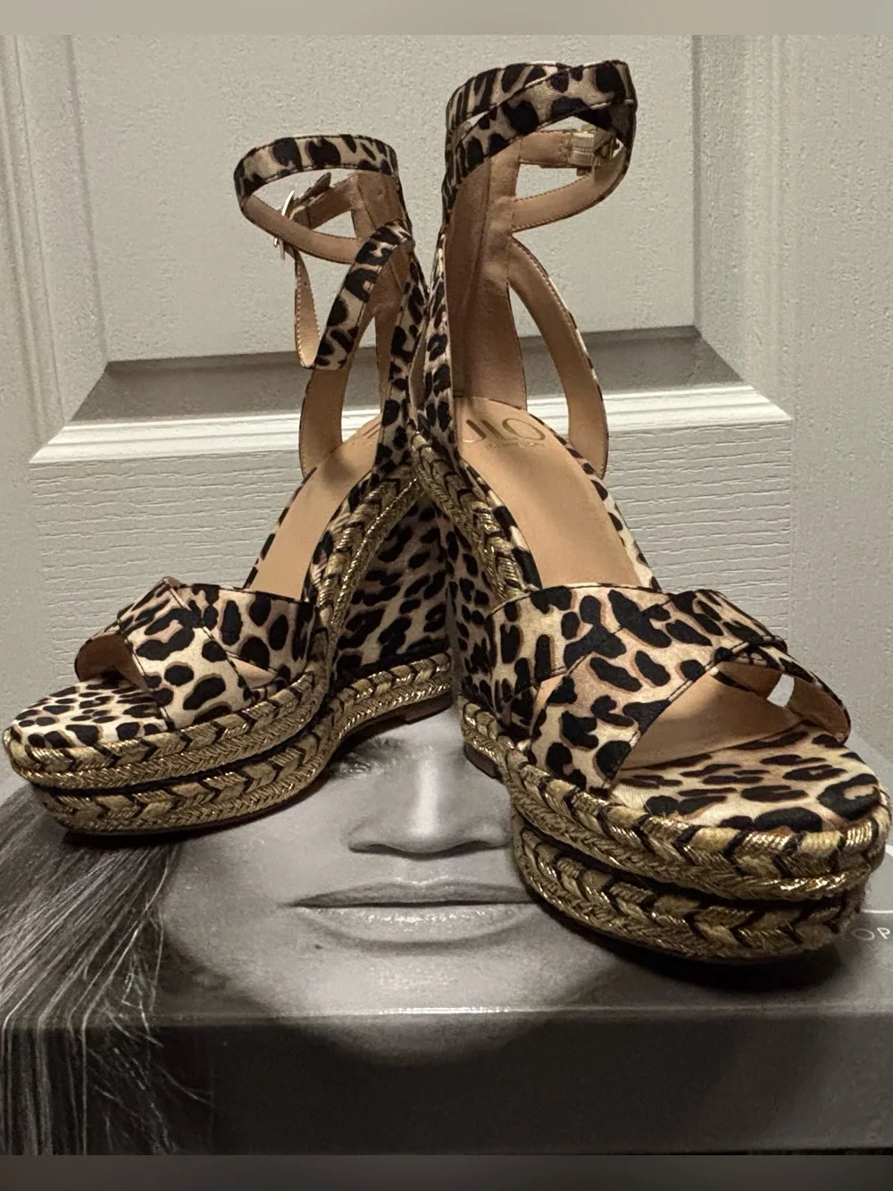 Leopard Print Espadrille Wedge Sandals with Ankle Tie